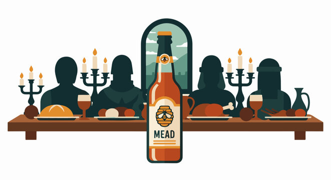 Medieval feast scene with a mead bottle at the center