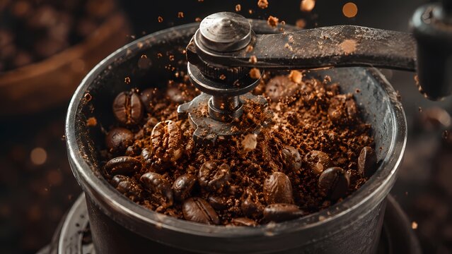 Close up of antique coffee grinder with freshly ground coffee beans, perk