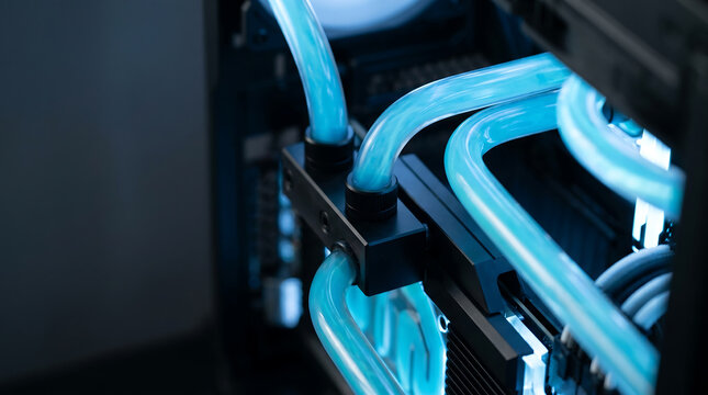Close-up view of operational supercomputer water cooling system featuring illuminated blue tubes and sleek components inside a high-performance computer case