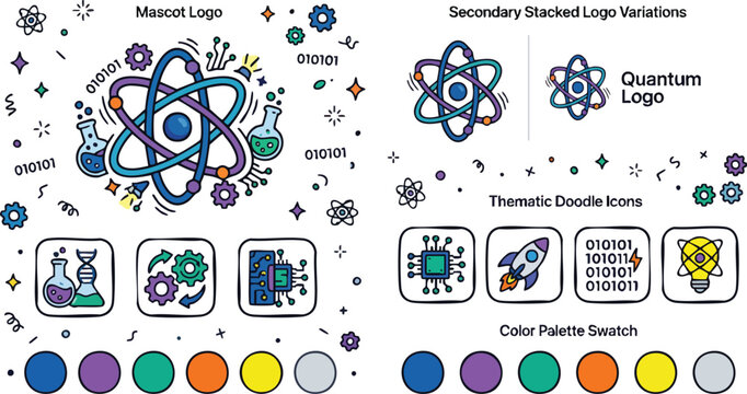 Quantum science mascot logo and technology doodle icon set