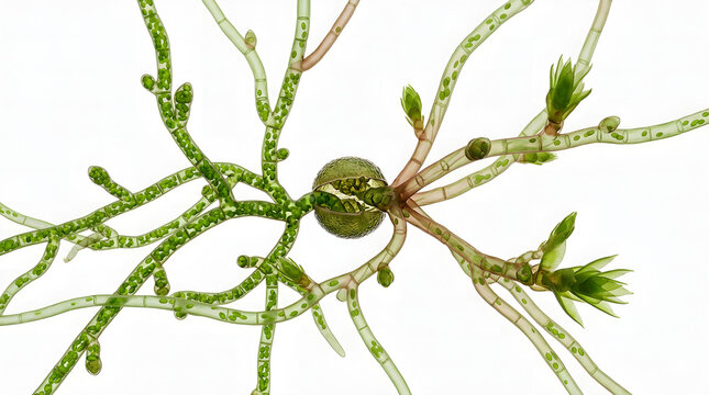Microscopic 3D Render of Moss Protonema Stage After Spore Germination Isolated on White