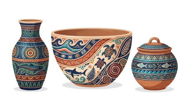 Handmade pottery with oceanic patterns featuring marine life designs for home decor and art collection