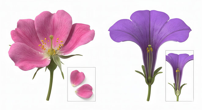 Scientific 3D Render Comparing Sympetalous and Polypetalous Flower Corolla Types