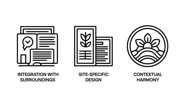 Sustainable design principles icons: integration site-specific design contextual harmony with urban planning line art real estate sustainable architecture integration surroundings contextual