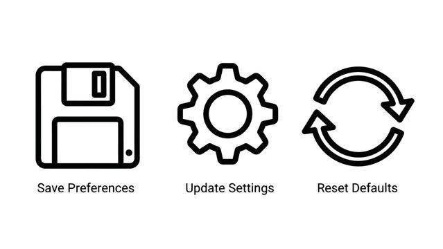 Save preferences update settings reset defaults icons with preferences settings defaults interface computer technology configuration diskette software operation functionality management