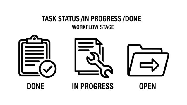 Workflow stage icons: task status in progress open with progress bar operation status management system workflow automation progress indicator status update workflow progress management