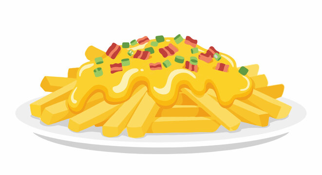 A plate of golden french fries topped with melted cheese and bacon bits