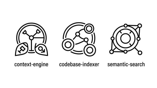 Icons representing context engine codebase indexer semantic search with artificial intelligence machine learning big data software development data science algorithm design computational