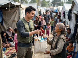 Obraz premium Volunteer distributing supplies in refugee camp, humanitarian aid effort, community support, social welfare, kindness in action, background of tents and people, human connection, peaceful coexistence
