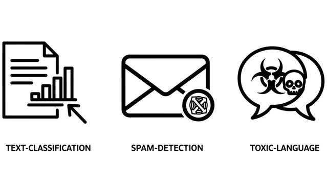 Icons for text classification spam detection toxic language analysis data analysis artificial intelligence machine learning social media internet security content analysis risk assessment