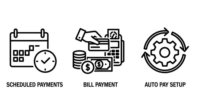 Digital financial transactions icons set with scheduled payments bill payment auto pay setup banking app payment gateway transaction processing icon set user experience scheduled payments