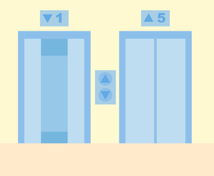 Empty modern passenger or cargo elevator hallway in office building.Lift up and down.Door open and closed.Hotel hall interior or room.Indoor.Flat design.Graphic.Cartoon vector illustration.
