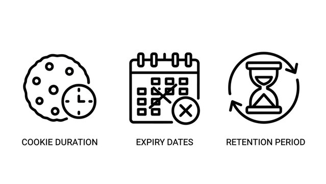 Set of line icons illustrating concepts of cookie duration expiry dates data retention periods for digital privacy retention period time limit data lifecycle personal data privacy policy