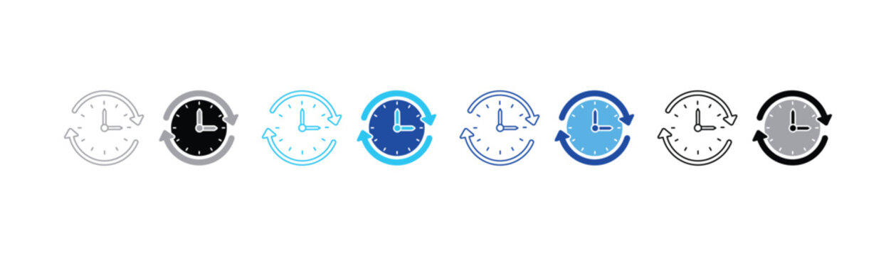 Clock icons with circular arrows indicating time cycle circular rotation continuous workflow schedule illustration movement revolving recurring duration interval repetition