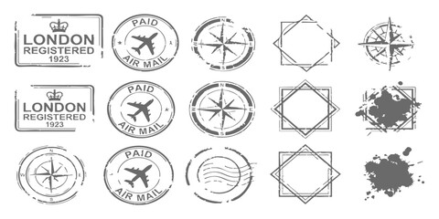 Vintage postage stamps collection with London symbols air mail icons and navigation compass designs © GraphixEra