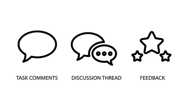 Communication and feedback icons: task comments discussion thread feedback for collaboration speech bubble customer service user experience comment section social media feedback teamwork