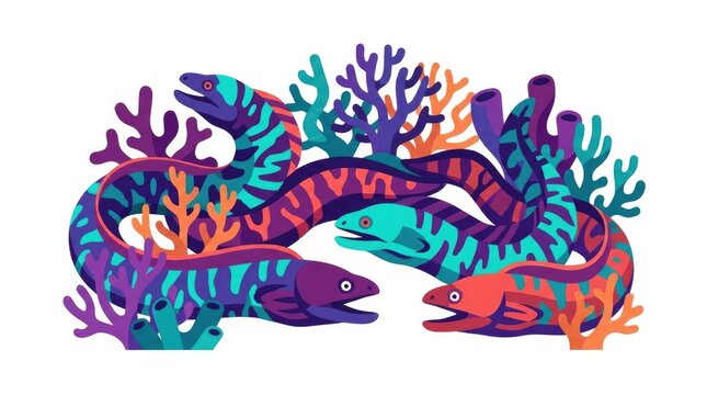 Vibrant moray eels amongst colorful corals underwater scene for marine life design and ocean conservation background