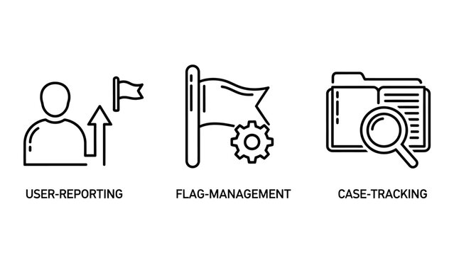 Business operations and administrative tasks icons set with user reporting flag management case tracking reporting management tracking business operations administration technology software