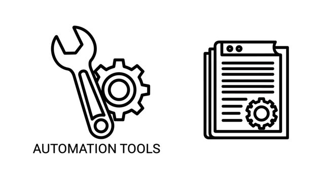 Automation tools and process management outline icons with line art automation settings configuration document management workflow engineering technology industry industrial automated