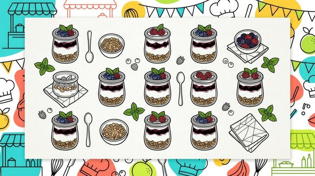 Delicious parfait design celebrating culinary festival with fresh berries, yogurt, and granola on colorful background