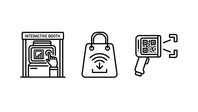 Retail technology icons: interactive booth shopping bag scanner with qr code point of sale self service e commerce interactive touchscreen shopping download technology transaction consumer