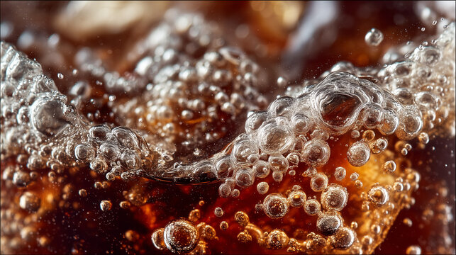 Close-up of fizzy cola with ice cubes and bubbles, refreshing beverage.