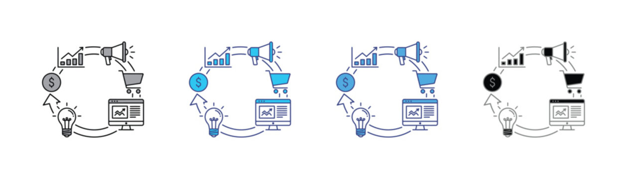 Digital marketing strategy cycle with icons representing idea investment promotion sales marketing strategy business advertising promotion ecommerce shopping lightbulb innovation
