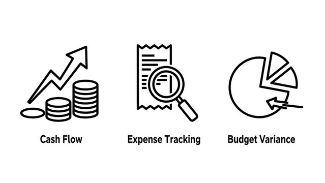 Financial icons: cash flow growth expense tracking with magnifying glass budget variance pie chart tracking magnifying document variance analysis accounting investment business planning