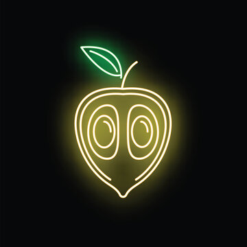 Eggfruit glowing with green leaf and yellow sign outline on black background