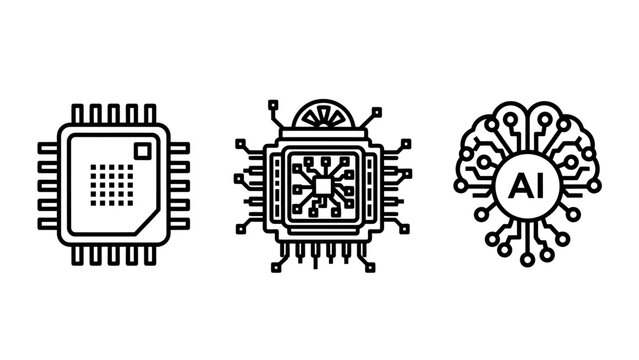Microchip cpu AI brain circuit icons with AI brain artificial intelligence integrated circuit machine learning deep learning microchip AI brain technology computer processor electronic