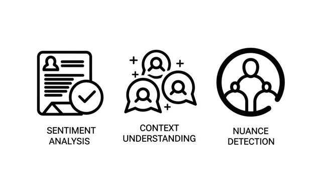Concept icons for AI and nlp: sentiment analysis context understanding nuance detection with artificial intelligence machine learning human behavior opinion mining social media user experience