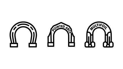 Fototapeta premium Three different types of architectural arches including horseshoe pointed multifoil designs in a black and white outline icon set white background black line architecture horseshoe building