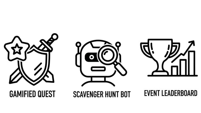 Gamified quest scavenger hunt bot event leaderboard icons for interactive experiences with white background gamification interactive experience leaderboard competition challenge achievement