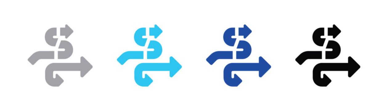 Black silhouette icon of multiple directional arrows showing branching paths and changes with direction branching silhouette movement progress strategy decision complexity confusion