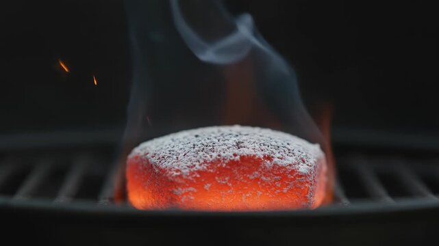 Glowing Hot Charcoal Briquette Ignites on Grill