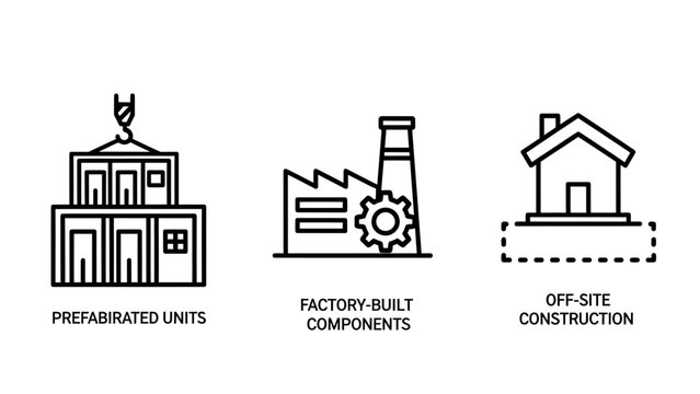 Prefabricated units factory hubs components off-site construction icons for modern building and manufacturing industries with real estate supply chain components construction building assembly