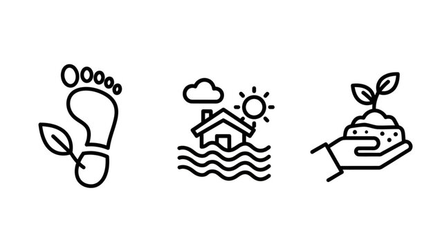 Environmental icons showing carbon footprint climate change impact like floods sustainable planting for ecology and green living eco friendly zero waste ecological balance environmental