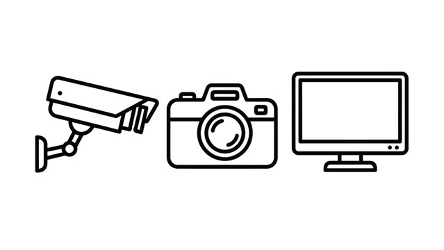 Surveillance cctv camera photography dslr and computer monitor screen icons with technology surveillance security photography computer hardware electronic monitoring recording protection