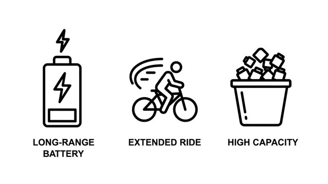 Electric vehicle battery performance icons for long range power extended ride and high capacity energy storage with electric capacity charging transport sustainability distance endurance