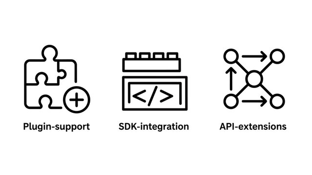 Software development and system integration icons representing plugin support sdk integration api extensions node connections software development integration extension programming