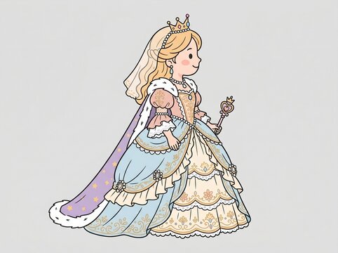 Cute princess cartoon illustration with crown, scepter, and veil for children storybooks, greeting cards, and sticker designs.
