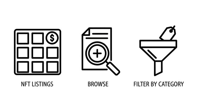 Digital nft marketplace icon collection including asset listings grid browse document with magnifying glass category filter funnel marketplace magnifying category blockchain technology