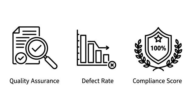 Quality management icons representing professional quality assurance document inspection falling defect rate statistics and high compliance score achievement shield with assurance, compliance