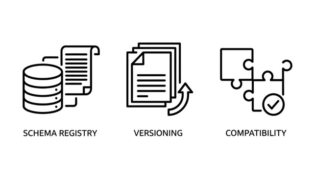 Software development icons representing schema registry document versioning and system compatibility with puzzle pieces registry versioning compatibility software development database document