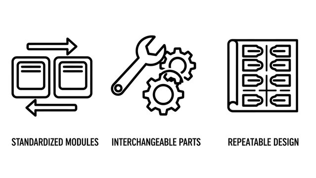 Industrial manufacturing icons illustrating standardized modular components interchangeable parts with wrench and gears and repeatable design blueprints for technical engineering industry industrial