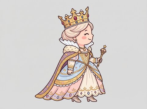 A cute cartoon illustration of an elegant queen in full gown with a cape and crown