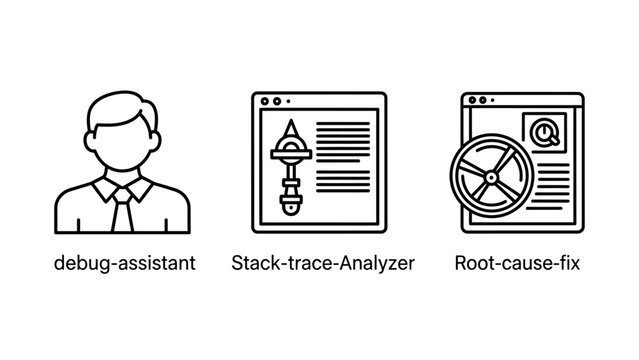 Software debugging and error troubleshooting process line icons showing diagnostic tools and developer assistance with debugging software troubleshooting developer diagnostic analysis assistant