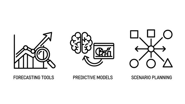 Data analytics and business strategy icons representing forecasting tools predictive modeling and scenario planning methodology with analytics business strategy forecasting forecast prediction