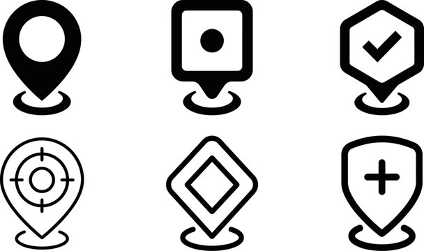 Map markers and location icons are arranged in a grid to signify navigation and geographic points of interest.