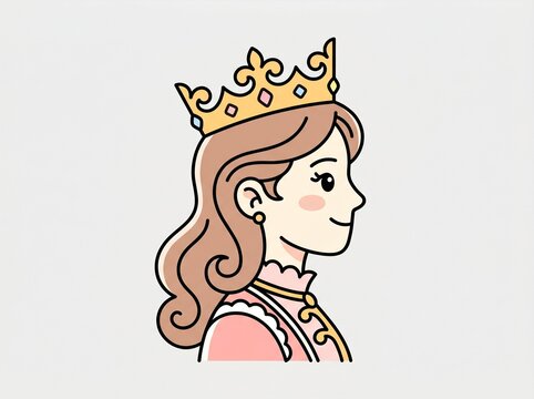A minimalist side-profile vector illustration of a beautiful queen or princess wearing a golden crown